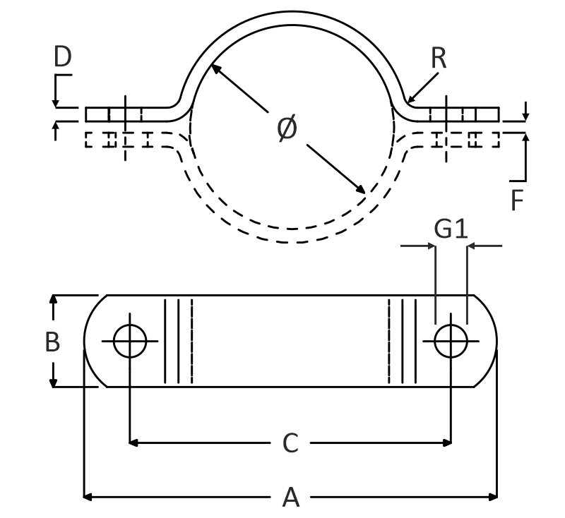 lijntekening halve kapbeugel vooraanzicht